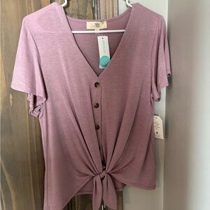 Purple Short Sleeve Button Down Tie Front Top